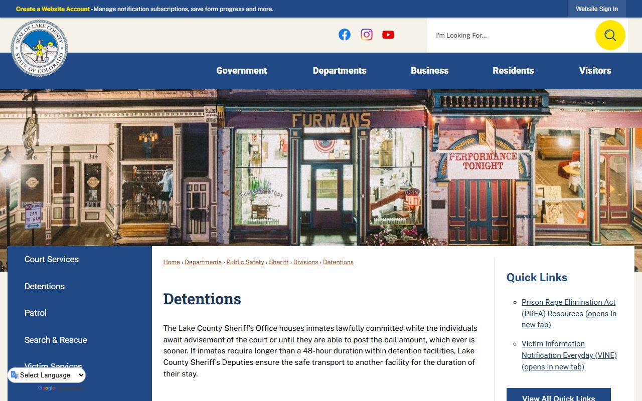Lake County Detentions custody search page for Lake County jail holding facility