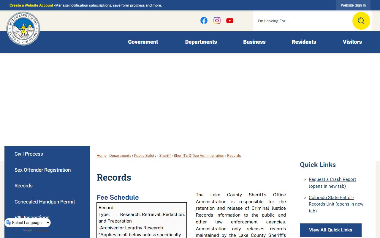 Lake County inmate records request and sheriff records page